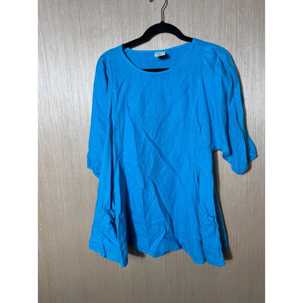 Match Point Womens Blue 100% Linen Tunic Top Pockets HLT377 Small Made in USA